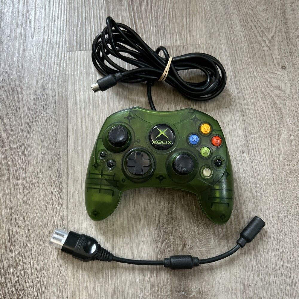 Original Xbox Controller Wired Halo Green S-Type Clear w/ Breakaway Tested READ